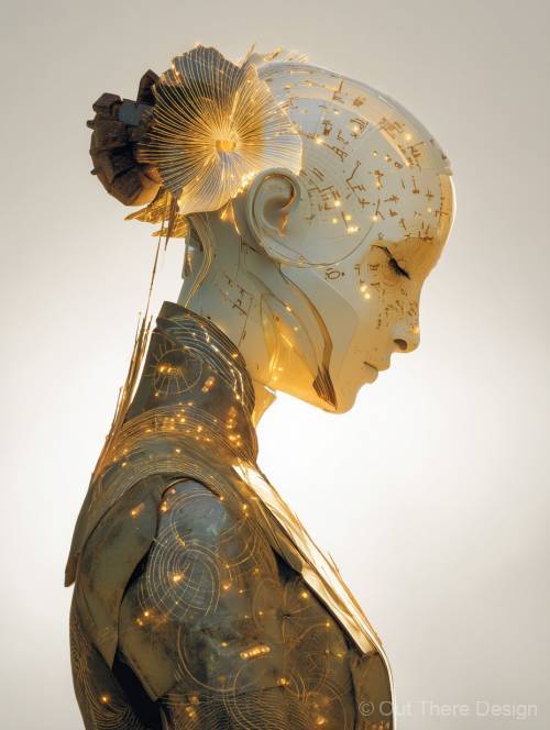 A futuristic, elegant humanoid figure adorned with luminous circuits and a delicate flower, exuding a serene vibe.